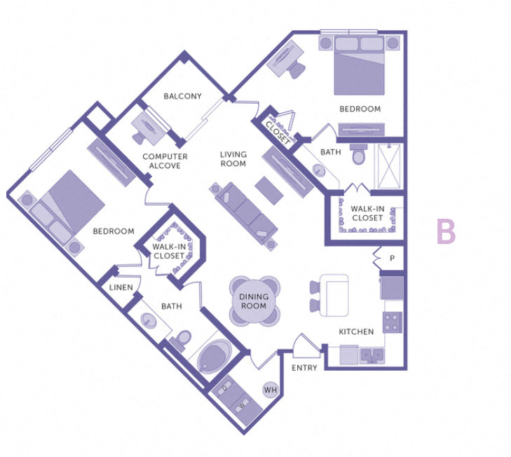 Floor plan for 2 beds, 2 baths, 1107 sqft